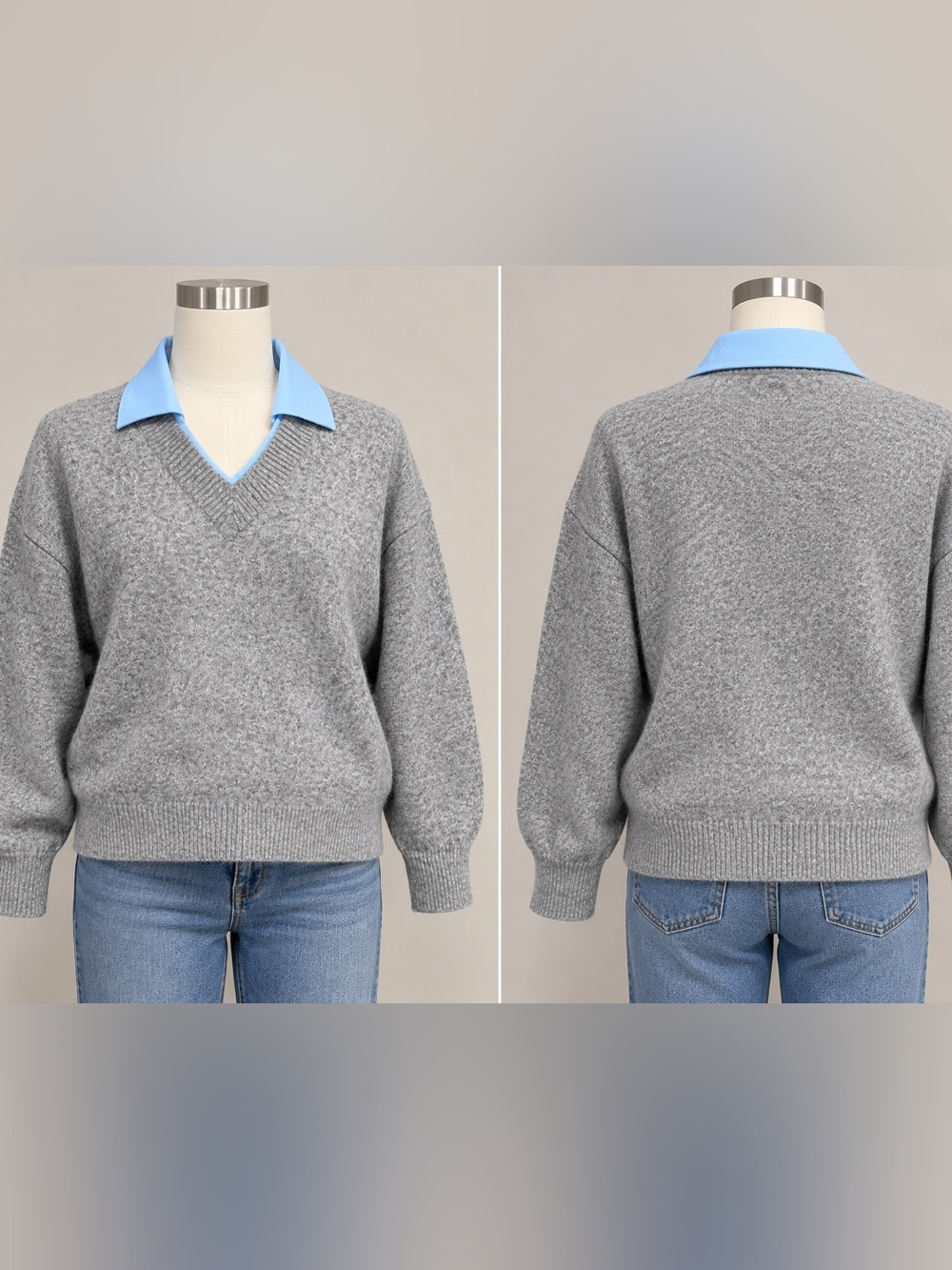 COMMENSE Classic V-Neck Blue Collar